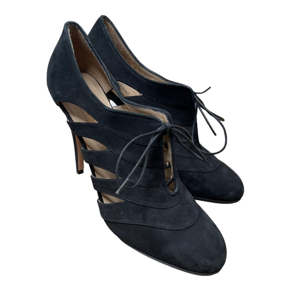 Valentino Black Suede Cutout Lace-Up Booties 40 10 - Picture 1 of 7